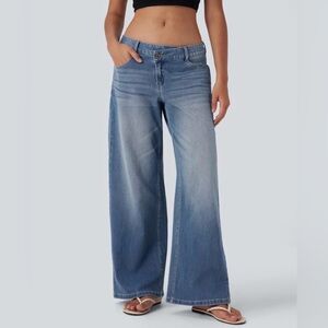 Halara Women’s Flex Asymmetric Low Rise Baggy Wide Leg Jeans US M Petite EUC